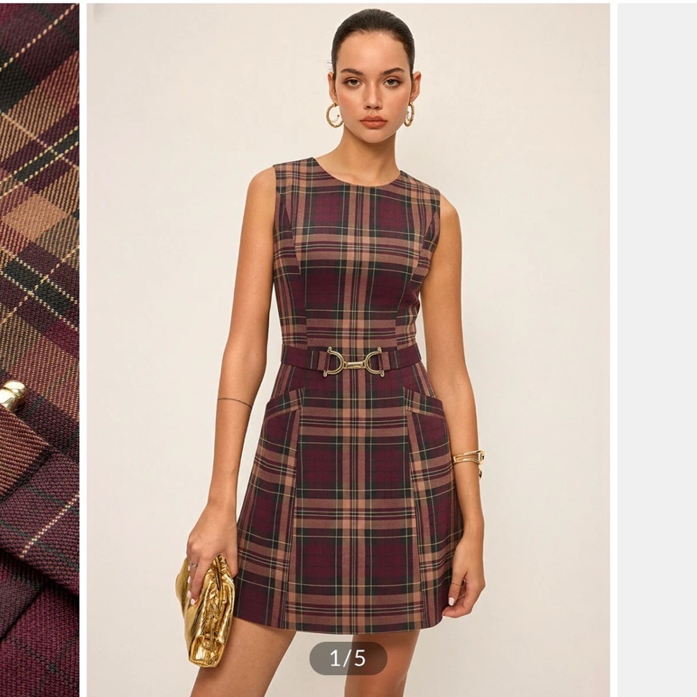 Commense Burgundy Plaid Mini Dress